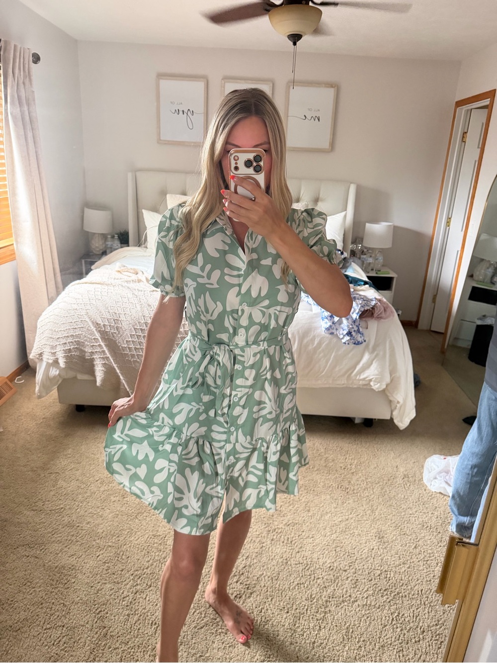 Women’s Green Leaf-Print Tiered Dress